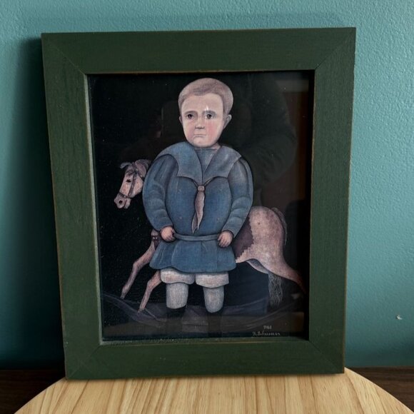 Vintage 1988 Norma Schneeman Framed Art Print Of Child With Horse In Green Wood - Picture 1 of 9